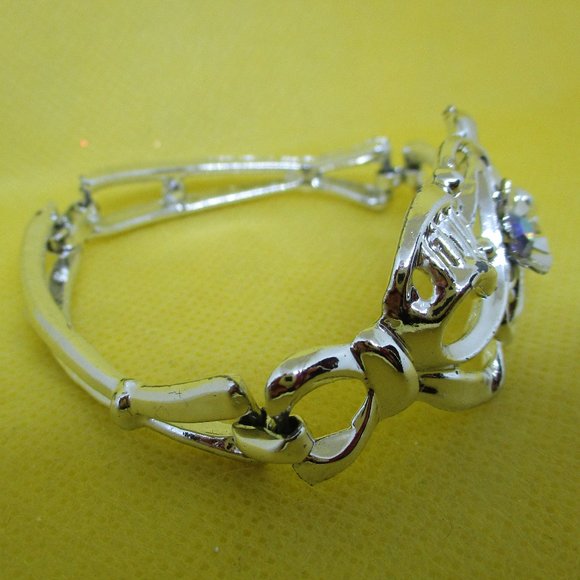 AB Rhinestone Silver Tone Bracelet Ornate Open Work Arora Borealis Rhinestone - Picture 8 of 11